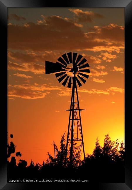  Farm Windmill at Sunset with clouds Framed Print by Robert Brozek