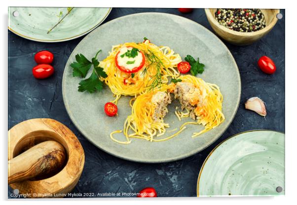 Spaghetti nest appetizers Acrylic by Mykola Lunov Mykola