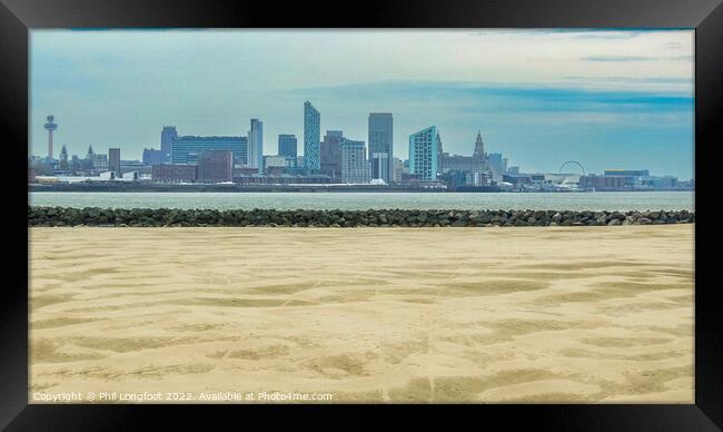 River Mersey Beach Wirral looking over to Liverpool's famous waterfront Framed Print by Phil Longfoot