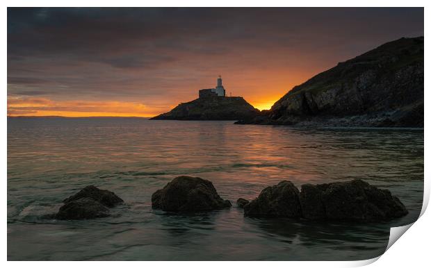 Mumbles lighthouse at day break Print by Bryn Morgan