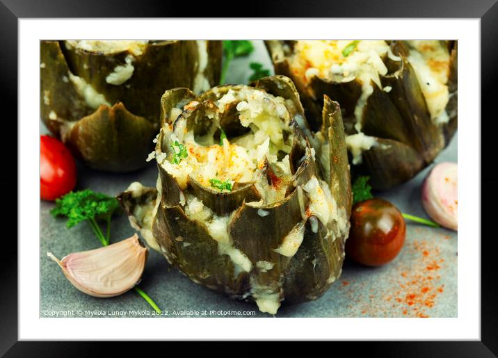 Homemade stuffed baked artichokes with cheese. Framed Mounted Print by Mykola Lunov Mykola