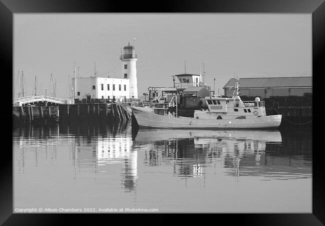Scarborough Lighthouse Monochrome  Framed Print by Alison Chambers