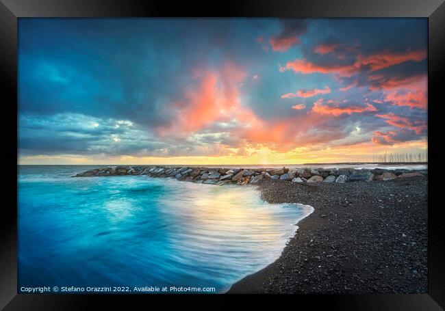 Sea at sunset after a thunderstorm. Marina di Cecina. Italy Framed Print by Stefano Orazzini