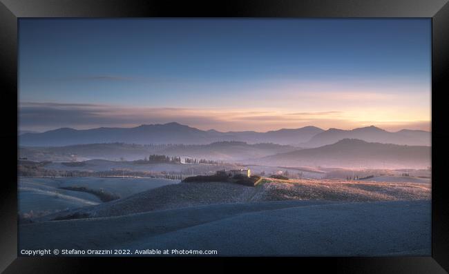 Volterra, winter panorama, blue sunset. Framed Print by Stefano Orazzini