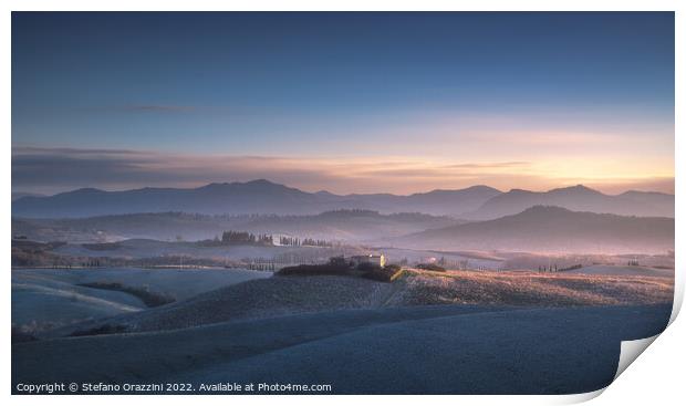 Volterra, winter panorama, blue sunset. Print by Stefano Orazzini