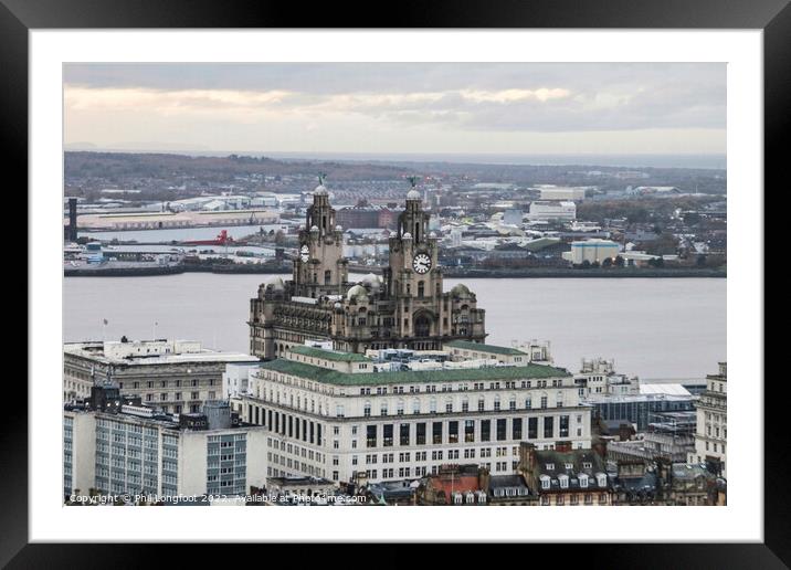 View across the rooftops of Liverpool towards the Royal Liver Building Framed Mounted Print by Phil Longfoot