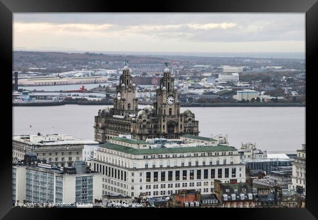 View across the rooftops of Liverpool towards the Royal Liver Building Framed Print by Phil Longfoot