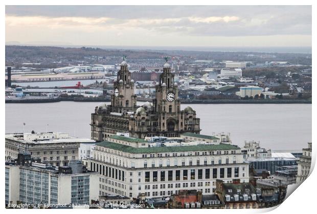 View across the rooftops of Liverpool towards the Royal Liver Building Print by Phil Longfoot