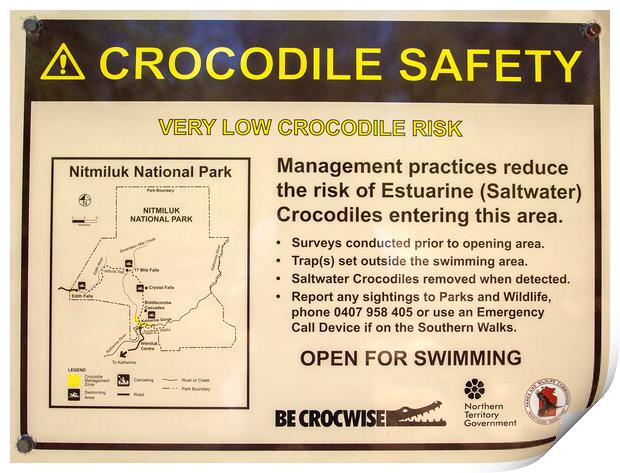 Crocodile Safety Sign in Northern Territory Print by Antonio Ribeiro