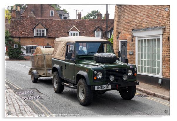 Landrover Defender pulling truck with a bale of hay, Acrylic by Kevin Hellon