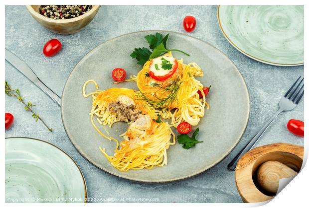 Spaghetti nest appetizers Print by Mykola Lunov Mykola