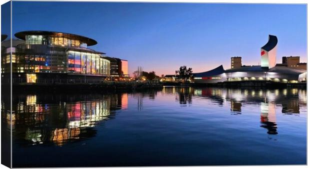 Salford Quays Reflections, Blue Hour Canvas Print by Michele Davis