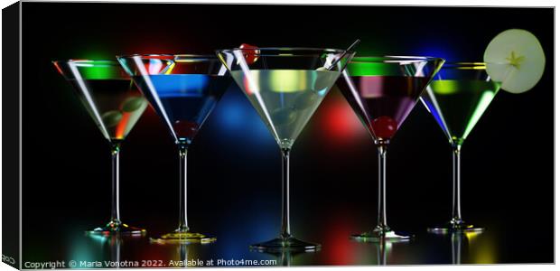 Colorful cocktails in martini glasses on night club counter Canvas Print by Maria Vonotna