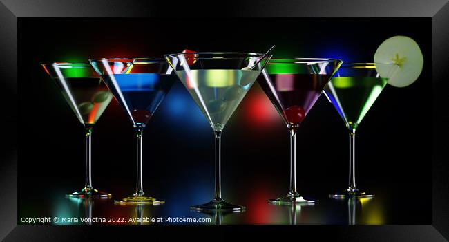 Colorful cocktails in martini glasses on night club counter Framed Print by Maria Vonotna