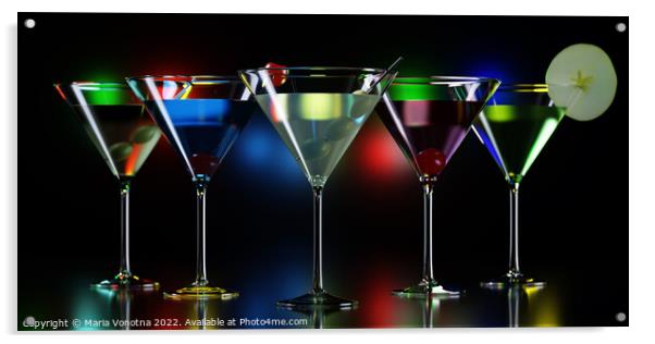 Colorful cocktails in martini glasses on night club counter Acrylic by Maria Vonotna