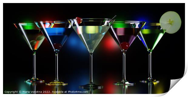 Colorful cocktails in martini glasses on night club counter Print by Maria Vonotna