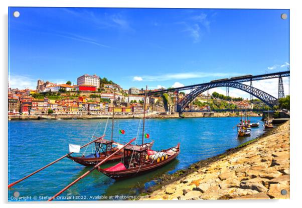 Oporto skyline, Douro river, traditional boats and iron bridge. Acrylic by Stefano Orazzini