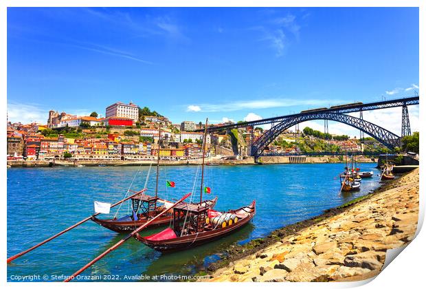 Oporto skyline, Douro river, traditional boats and iron bridge. Print by Stefano Orazzini