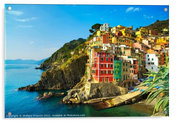 Riomaggiore village on the sea. Cinque Terre, Italy Acrylic by Stefano Orazzini