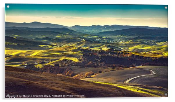 Volterra winter panorama, rolling hills and green fields at sunset Acrylic by Stefano Orazzini