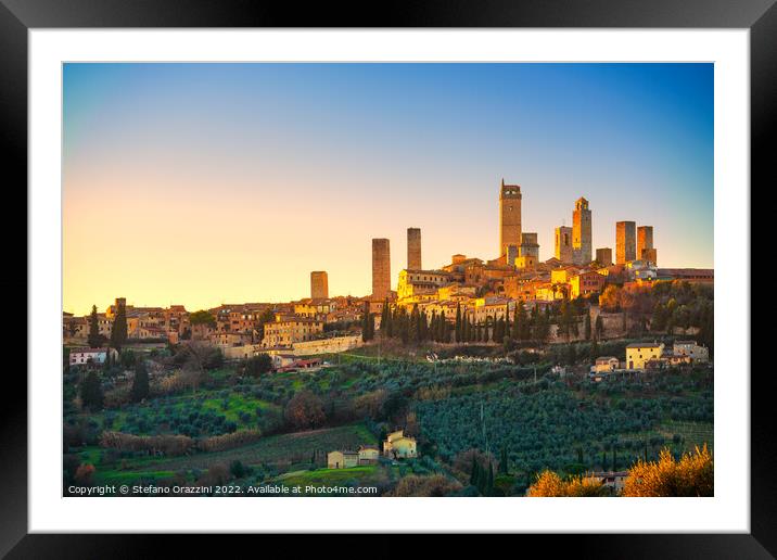 San Gimignano towers skyline at sunset. Tuscany,  Framed Mounted Print by Stefano Orazzini