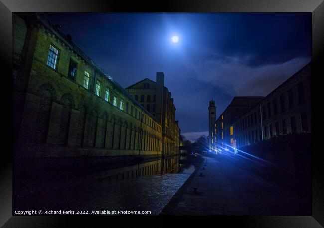 Moonlight over Salts Mill Framed Print by Richard Perks