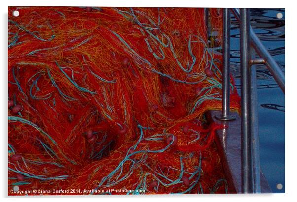 Red fishing nets over railings Acrylic by DEE- Diana Cosford
