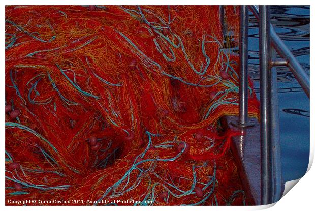 Red fishing nets over railings Print by DEE- Diana Cosford