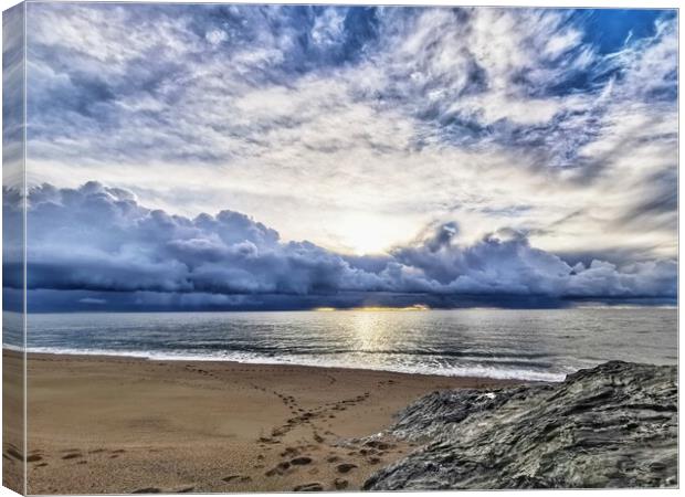 Stormy sky over low bar beach, Helston Cornwall  Canvas Print by Ollie Hully