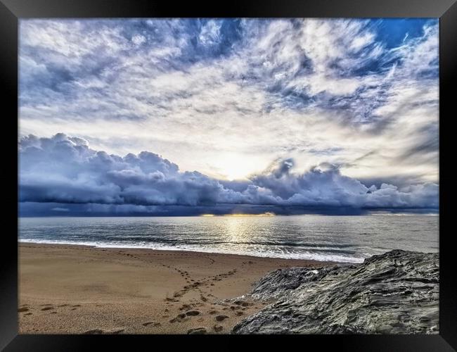 Stormy sky over low bar beach, Helston Cornwall  Framed Print by Ollie Hully