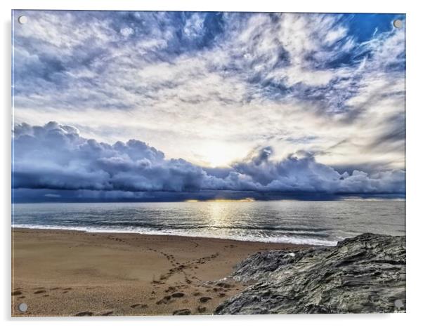Stormy sky over low bar beach, Helston Cornwall  Acrylic by Ollie Hully