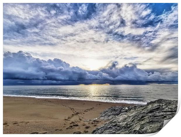 Stormy sky over low bar beach, Helston Cornwall  Print by Ollie Hully