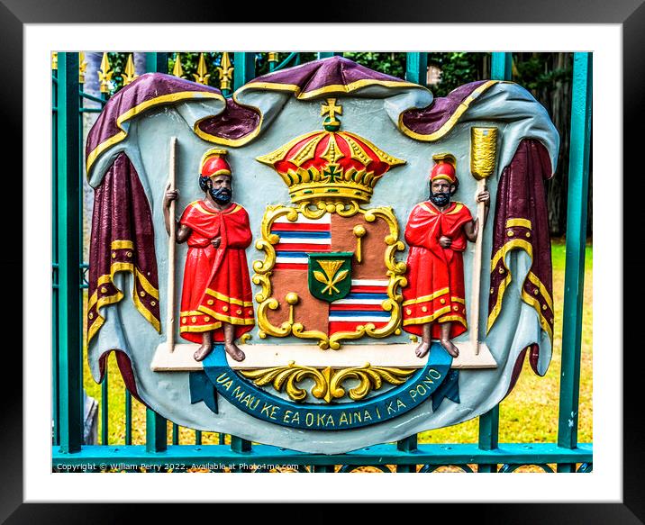 Royal Coat of Arms Iolani Palace Honolulu Oahu Hawaii Framed Mounted Print by William Perry