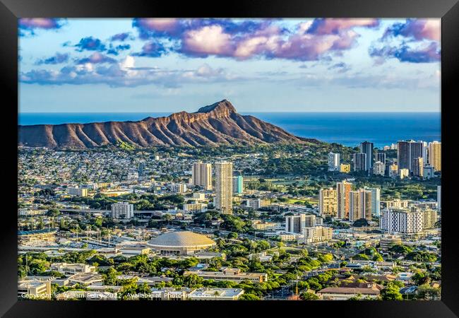 Colorful Lookout Waikiki Beach Diamond Head Honolulu Hawaii Framed Print by William Perry