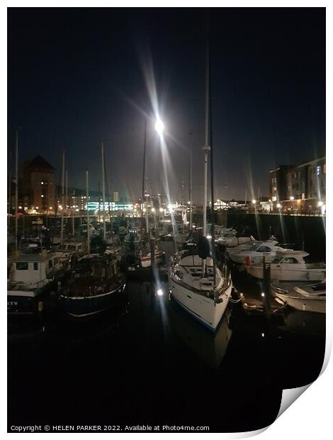 Nightime on the Marina Print by HELEN PARKER