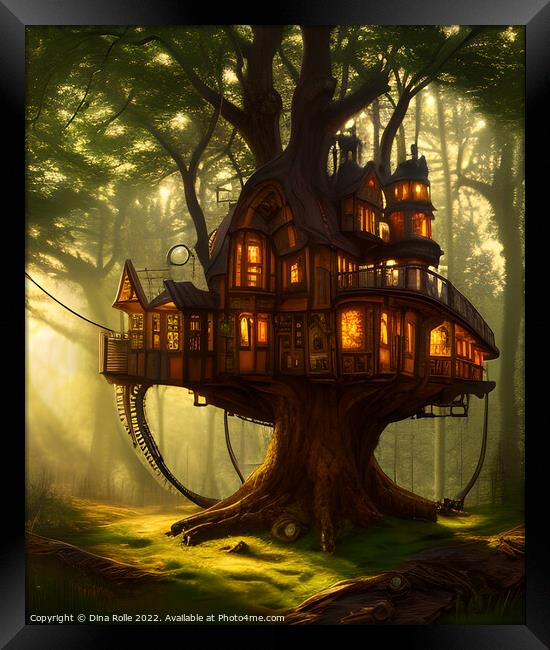 Steampunk Treehouse in Forest Framed Print by Dina Rolle