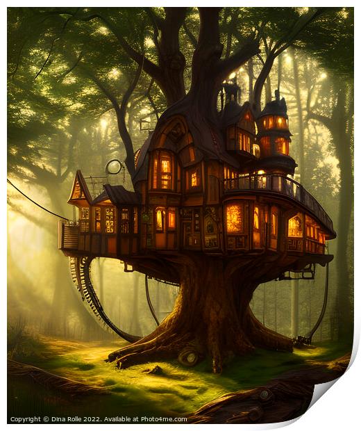 Steampunk Treehouse in Forest Print by Dina Rolle