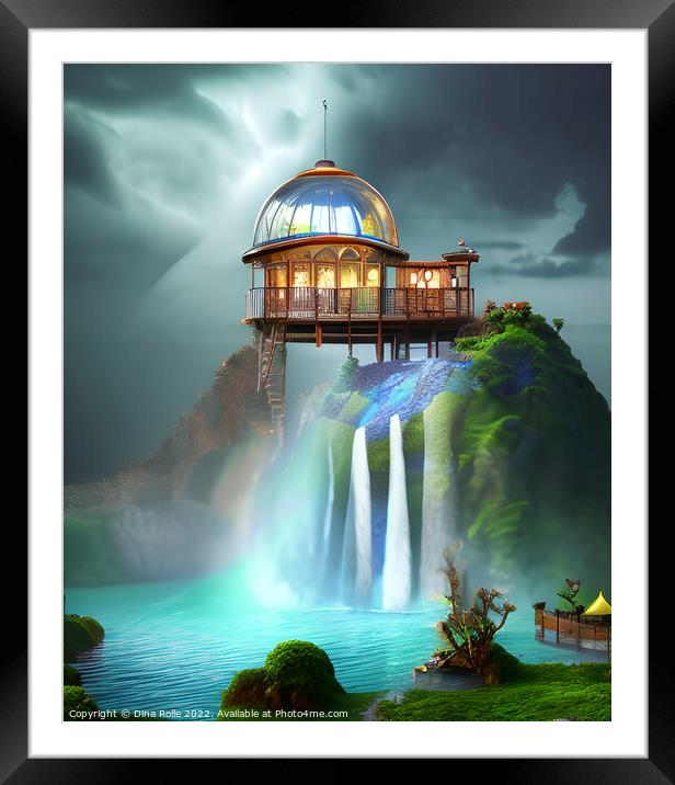 Mystical Waterfall Town Framed Mounted Print by Dina Rolle