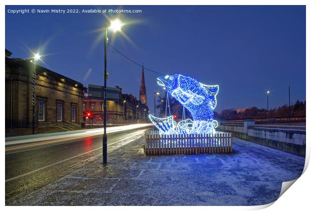 Illuminated Salmon, Tay Street, Perth Print by Navin Mistry