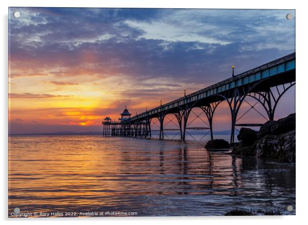 Pier at sunset with golden sunlight Acrylic by Rory Hailes
