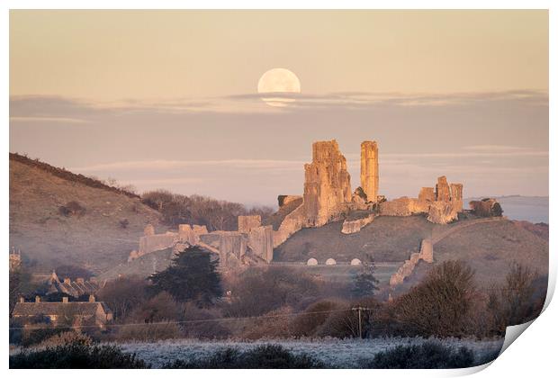 Corfe Castle under a setting moon Print by David Semmens