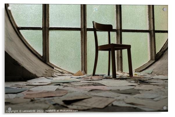 A chair in front of a window in an abandoned church Acrylic by Lensw0rld 