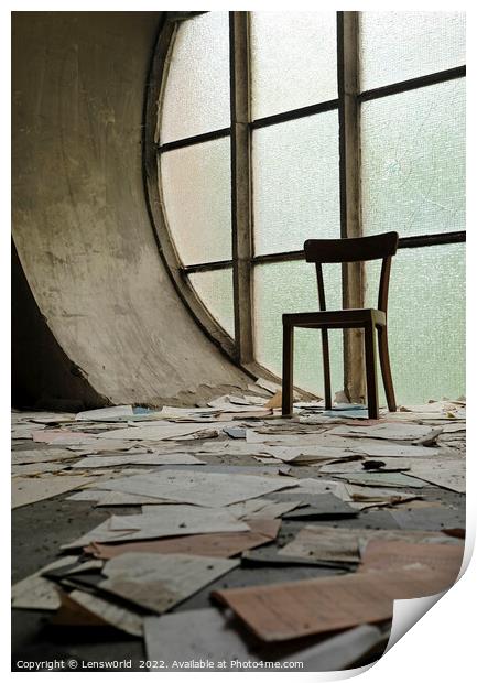 A chair in front of a window in an abandoned church Print by Lensw0rld 