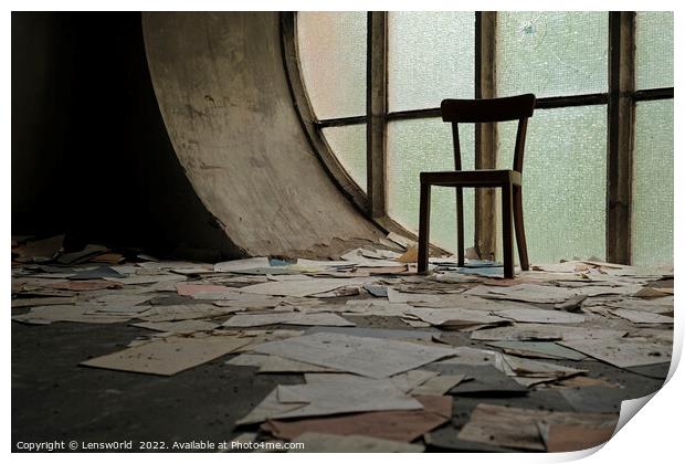 A chair in front of a window in an abandoned church Print by Lensw0rld 