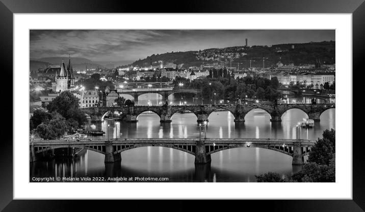 Evening view over the Vltava bridges in Prague - Monochrome Framed Mounted Print by Melanie Viola
