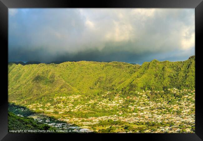 Rain Storm Coming Manoa Valley Tantalus Lookout Honolulu Hawaii Framed Print by William Perry