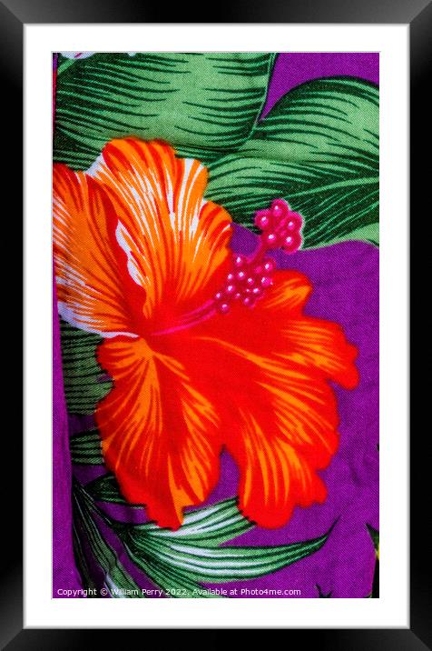 Colorful Hawaiian Red Purple Hibiscus Cloth Textile Waikiki Hono Framed Mounted Print by William Perry