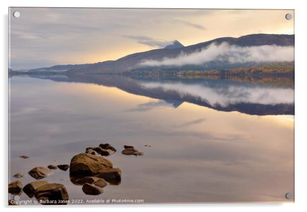 Misty Sunrise over Loch Rannoch Acrylic by Barbara Jones