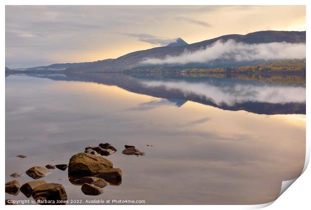 Misty Sunrise over Loch Rannoch Print by Barbara Jones
