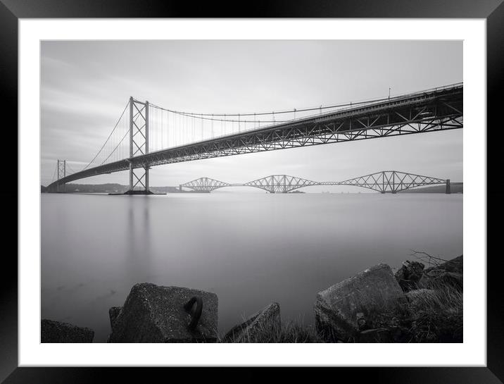 The Forth Bridges black and white Framed Mounted Print by Anthony McGeever